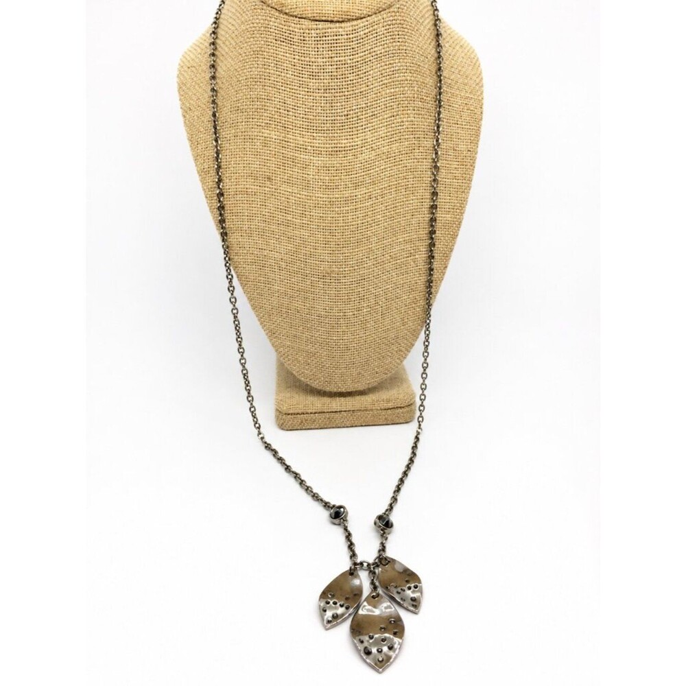 ST JOHN NECKLACE Gunmetal Hematite Rhinestone Leaf Dangle Long Pendant